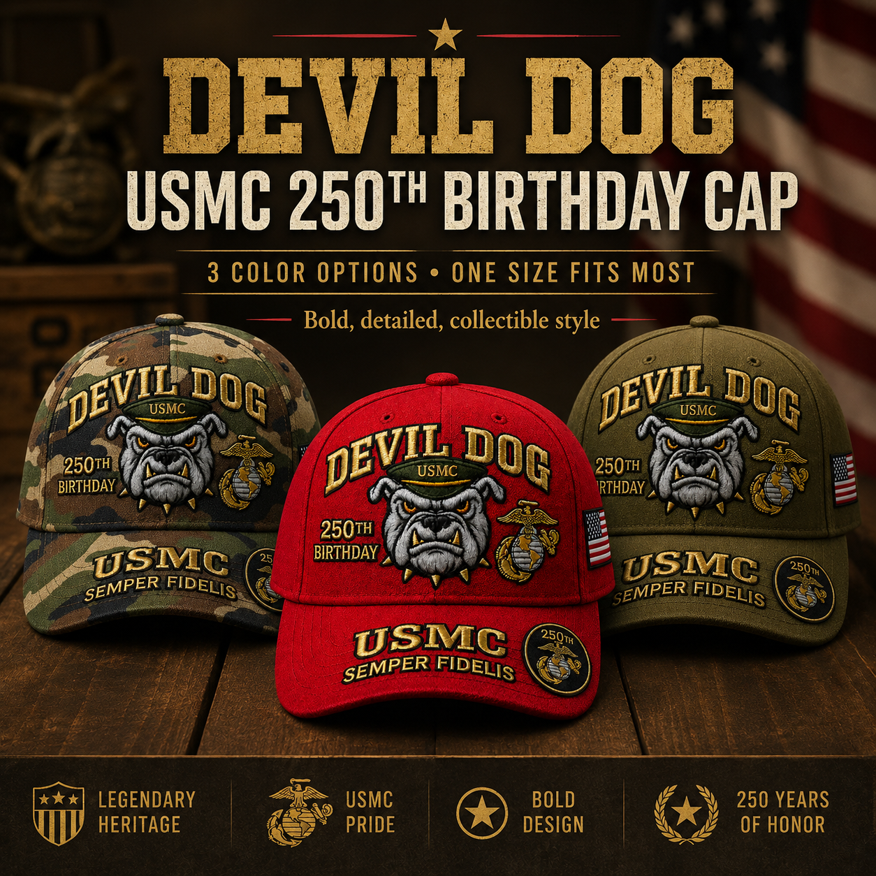 🔥 Father’s Day Sale - ❤️ Handmade Embroidered Devil Dog USMC 250th Birthday Commemorative Cap 🇺🇸