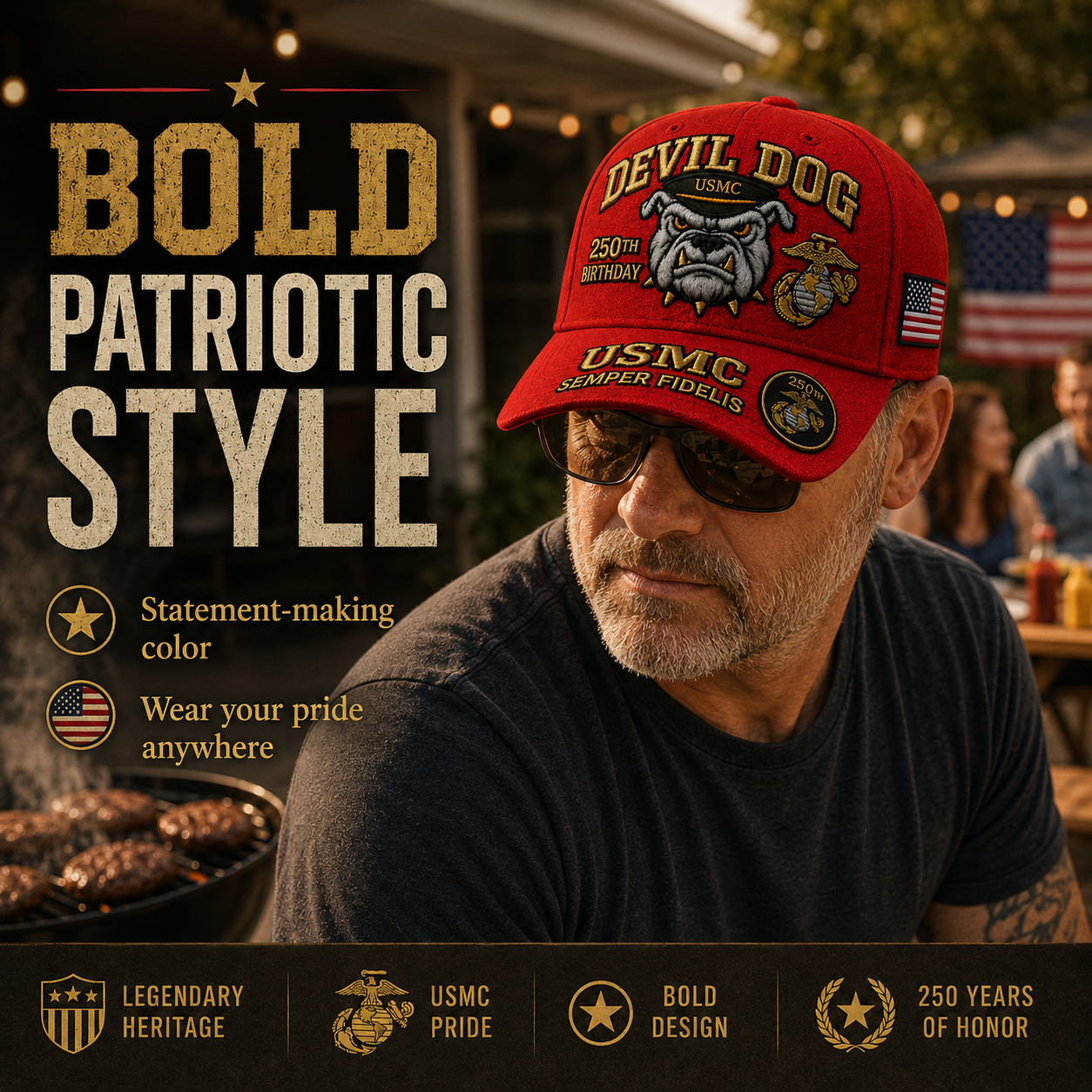🔥 Father’s Day Sale - ❤️ Handmade Embroidered Devil Dog USMC 250th Birthday Commemorative Cap 🇺🇸