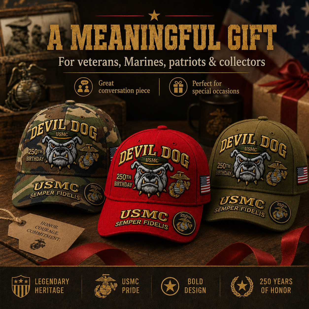 🔥 Father’s Day Sale - ❤️ Handmade Embroidered Devil Dog USMC 250th Birthday Commemorative Cap 🇺🇸