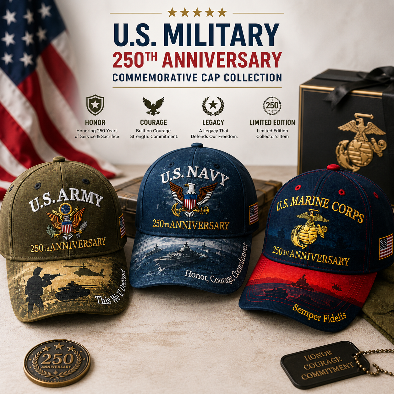 🔥 Father's Day Last Day 70% OFF ❤️ Military Legacy™ 250th Anniversary Commemorative Cap Collection