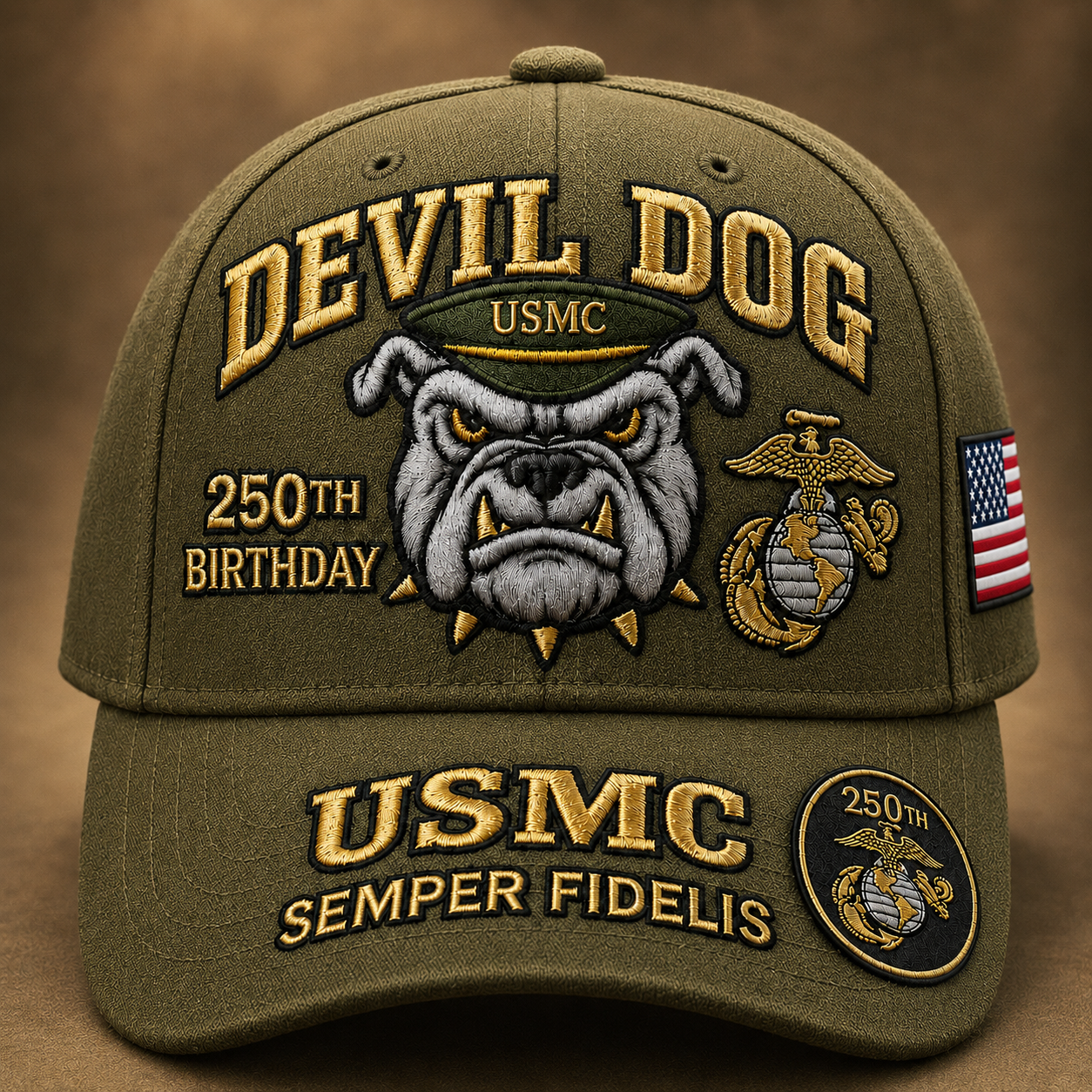 🔥 Father’s Day Sale - ❤️ Handmade Embroidered Devil Dog USMC 250th Birthday Commemorative Cap 🇺🇸