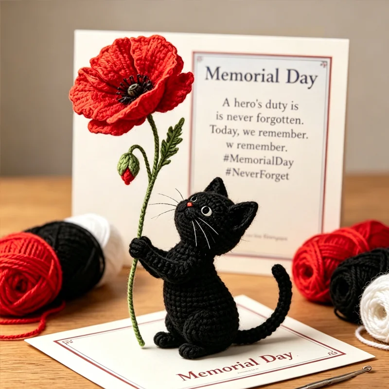 🌺Handmade Crochet Black Cat with Poppy