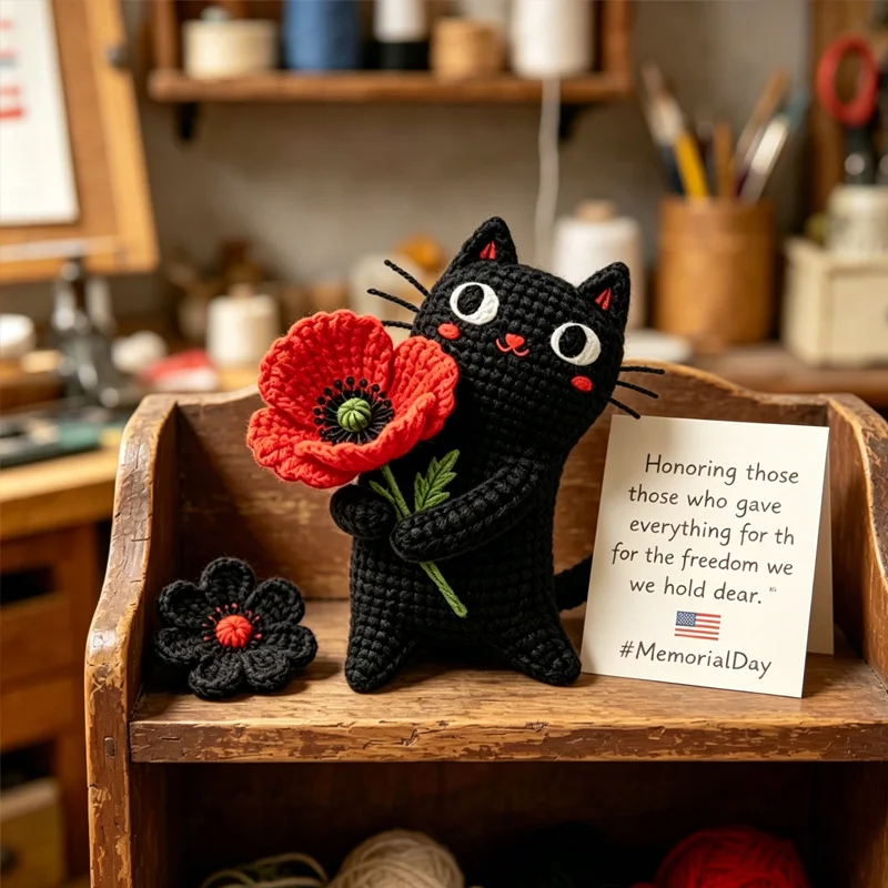 🌺Handmade Crochet Black Cat with Poppy