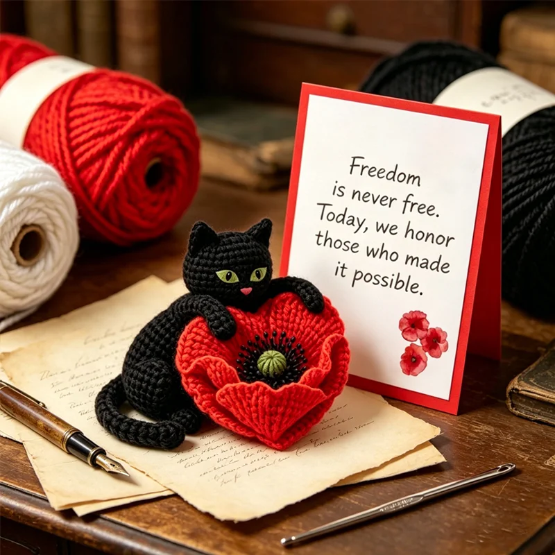 🌺Handmade Crochet Black Cat with Poppy