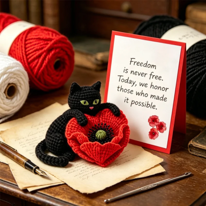 🌺Handmade Crochet Black Cat with Poppy
