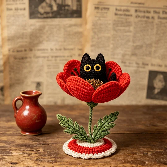 🌺Handmade Crochet Black Cat with Poppy