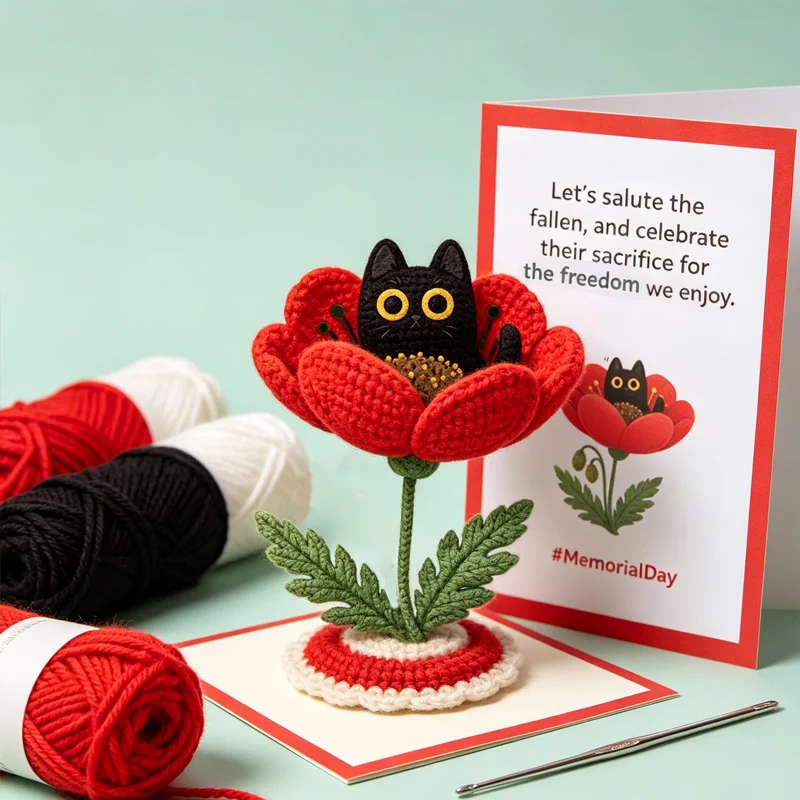 🌺Handmade Crochet Black Cat with Poppy