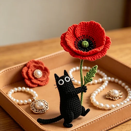 🌺Handmade Crochet Black Cat with Poppy
