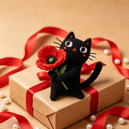 🌺Handmade Crochet Black Cat with Poppy