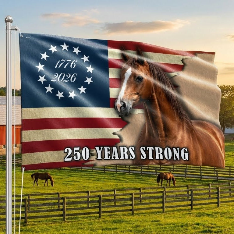 250 Years Strong Horse American Grommet Flag for Farm Patriotic Decor 3-Day Shipping