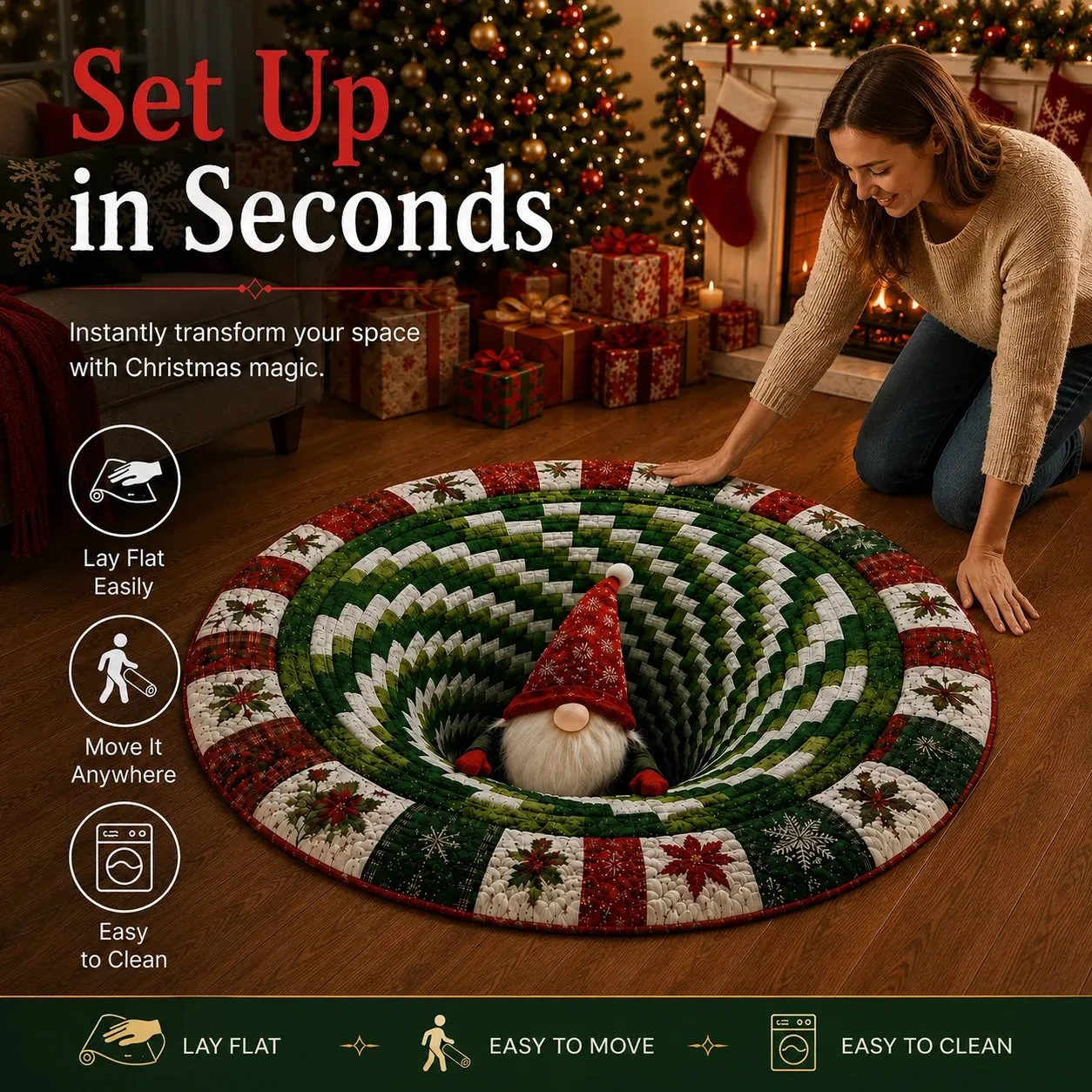 3D Christmas Gnome Optical Illusion Rug | Fun & Festive Must-Have Home Décor