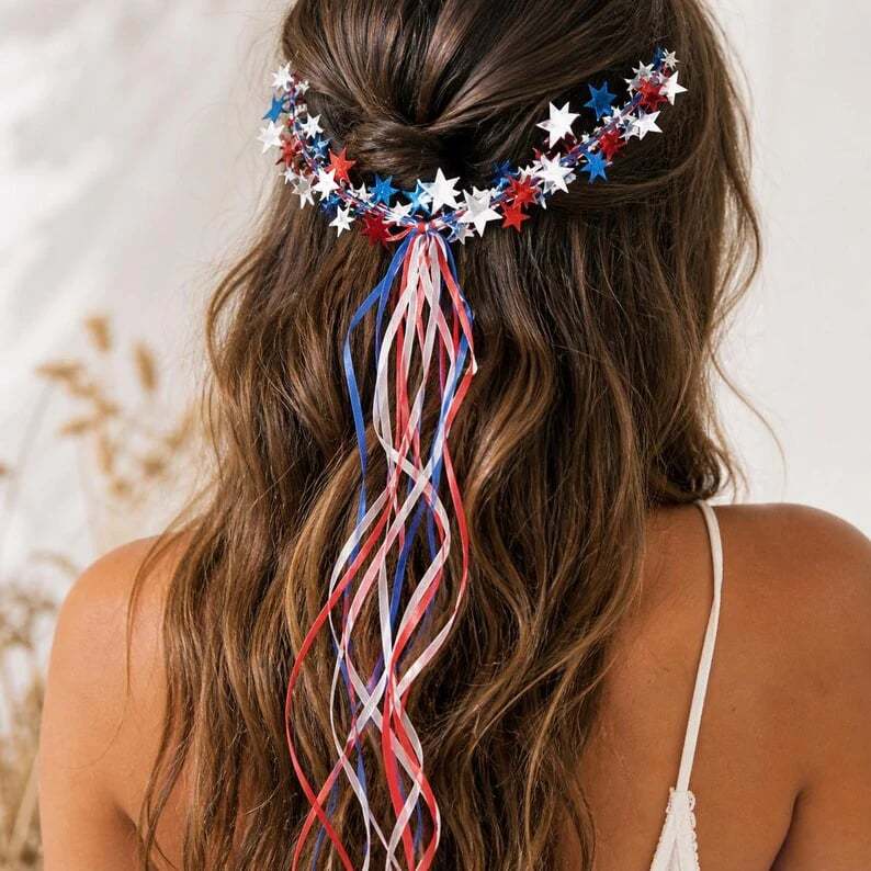 Sparkling Americana Star Crown with Flowing Ribbons ✨ | Patriotic Hair Accessory