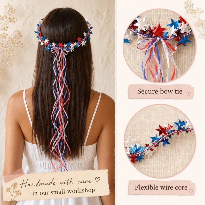 Sparkling Americana Star Crown with Flowing Ribbons ✨ | Patriotic Hair Accessory