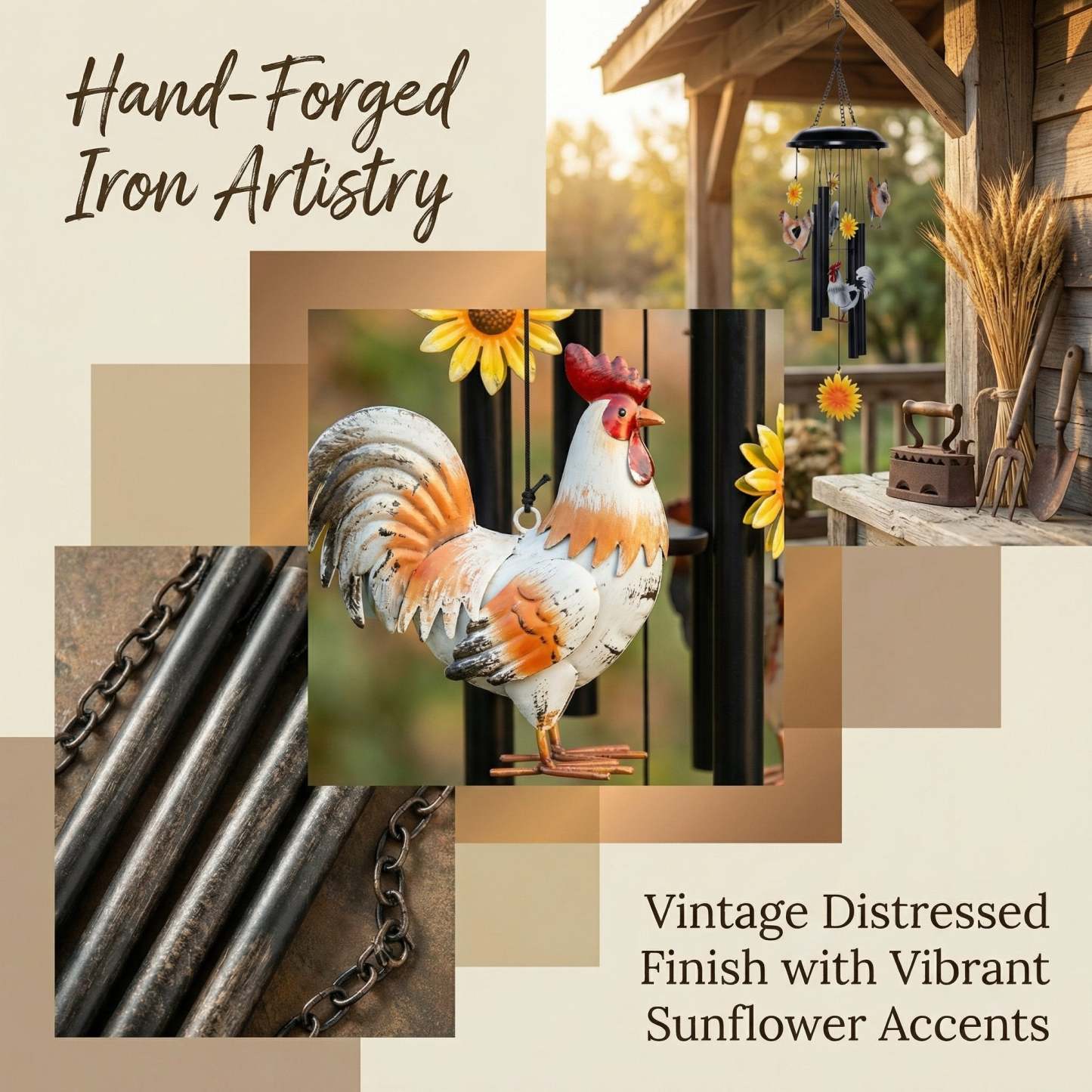 🌻Vintage Metal Chicken Wind Chime with Sunflower🐔