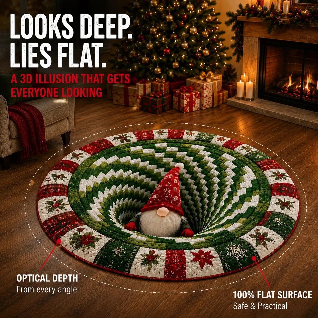 3D Christmas Gnome Optical Illusion Rug | Fun & Festive Must-Have Home Décor