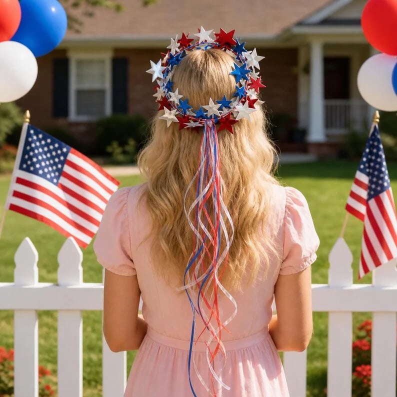 Sparkling Americana Star Crown with Flowing Ribbons ✨ | Patriotic Hair Accessory