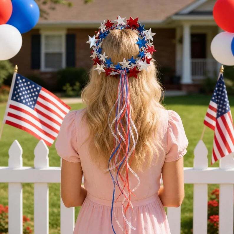 Sparkling Americana Star Crown with Flowing Ribbons ✨ | Patriotic Hair Accessory