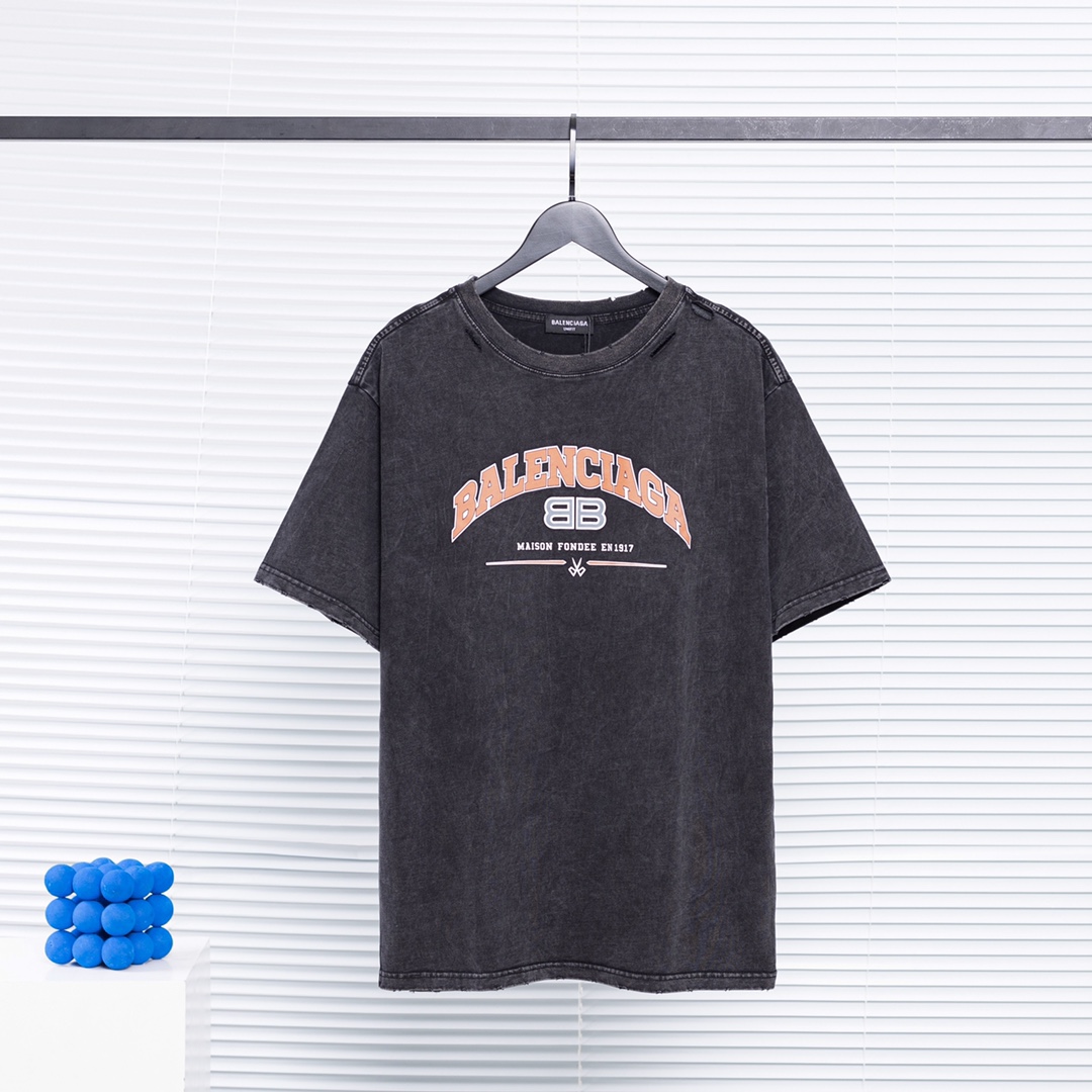 B style vintage destroy style washed letter logo embroidered short sleeve T-shirt-Luxeon