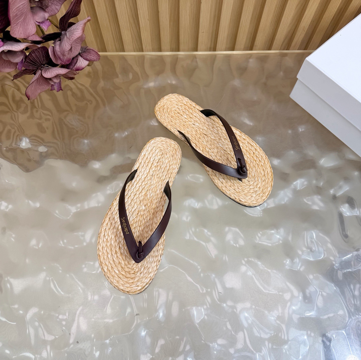 Straw-woven genuine leather flip-flops36-45