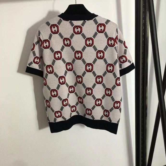 C style double G letter jacquard wool jersey short sleeve T-shirt-Luxeon