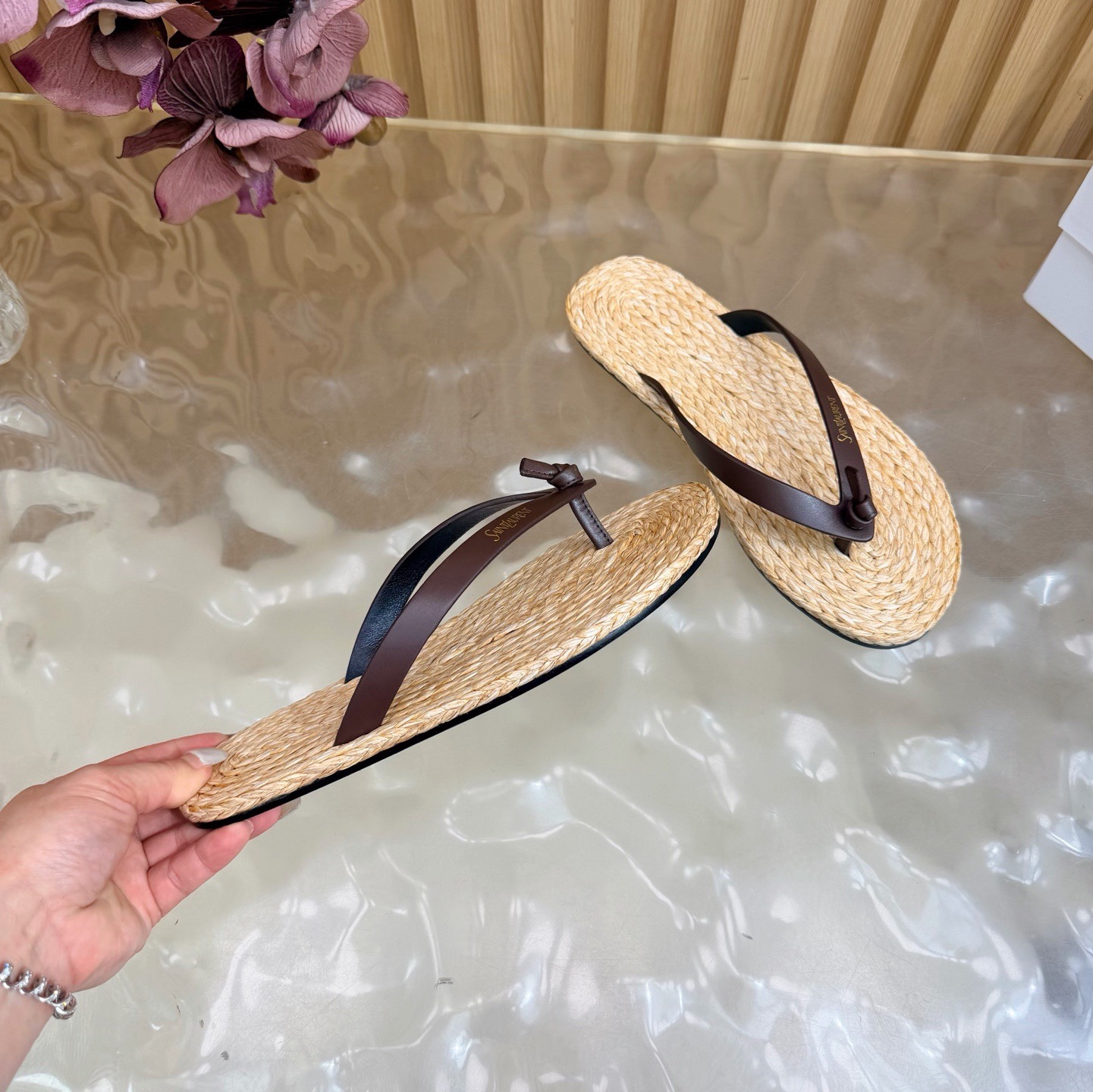 Straw-woven genuine leather flip-flops36-45