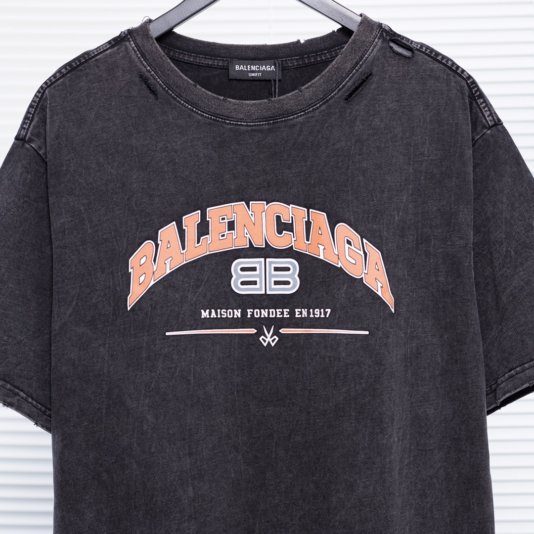 B style vintage destroy style washed letter logo embroidered short sleeve T-shirt-Luxeon