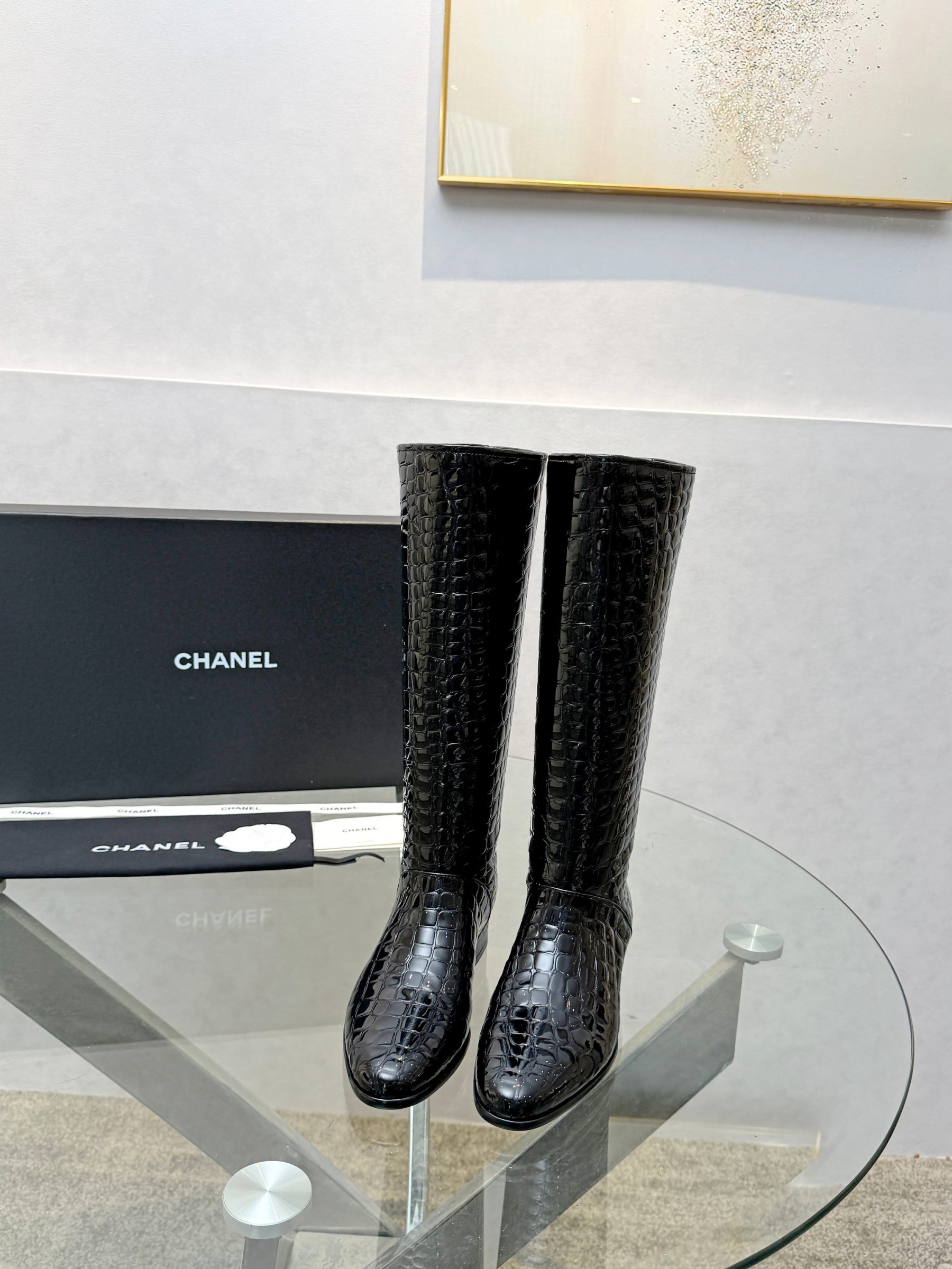 Crocodile-embossed knee-high boots35-41