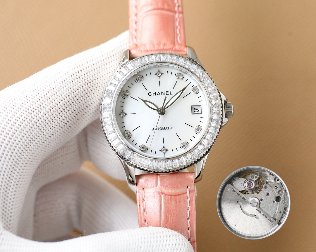 C style Women Mechanical Watch Cowhide Strap Sapphire Mirror-Luxeon