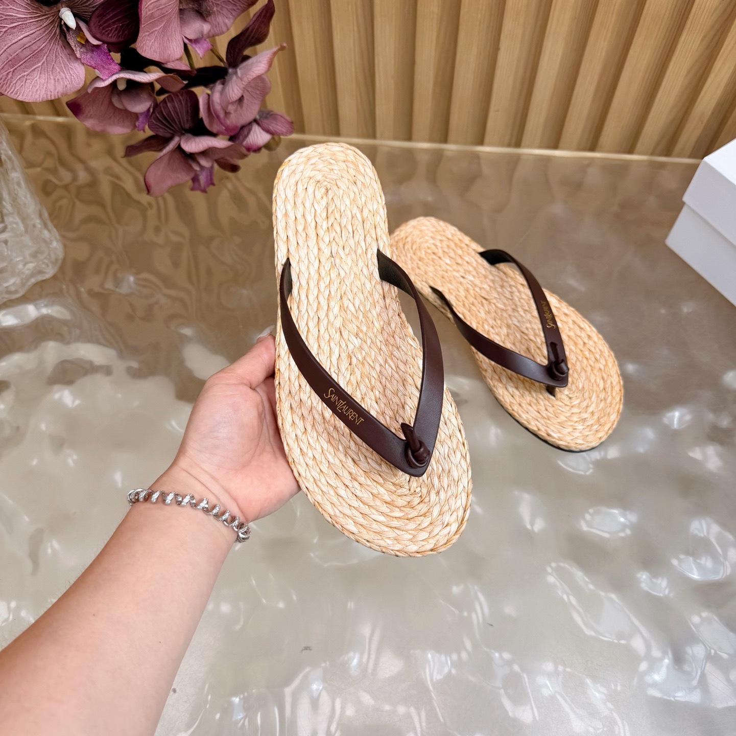 Straw-woven genuine leather flip-flops36-45