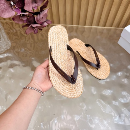 Straw-woven genuine leather flip-flops36-45