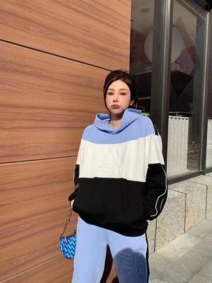 F style long sleeve match color hoodie + loose waist casual pants-Luxeon