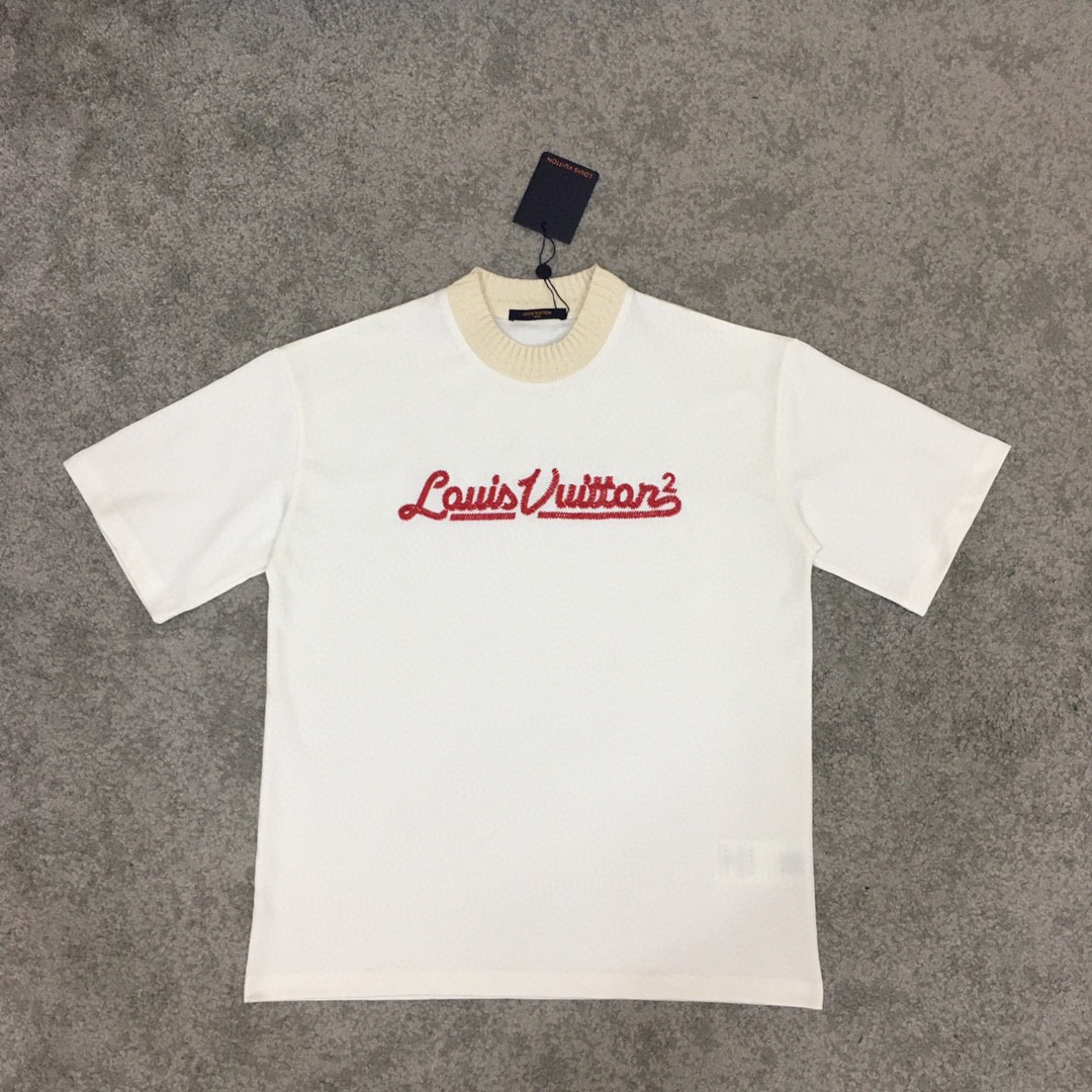 L style threaded collar letter embroidery high quality short sleeve T-shirt-Luxeon