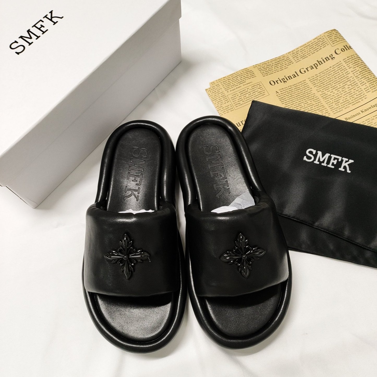 Smfk solid black slippers top quality-Luxeon