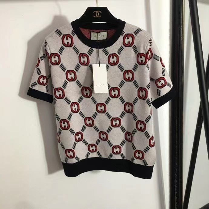 C style double G letter jacquard wool jersey short sleeve T-shirt-Luxeon