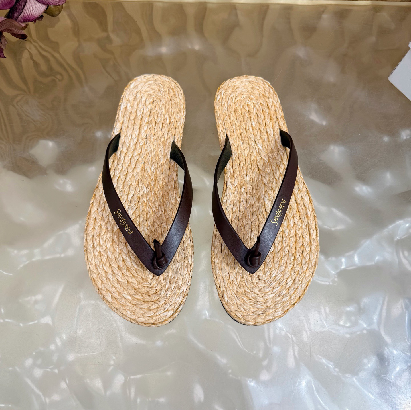 Straw-woven genuine leather flip-flops36-45