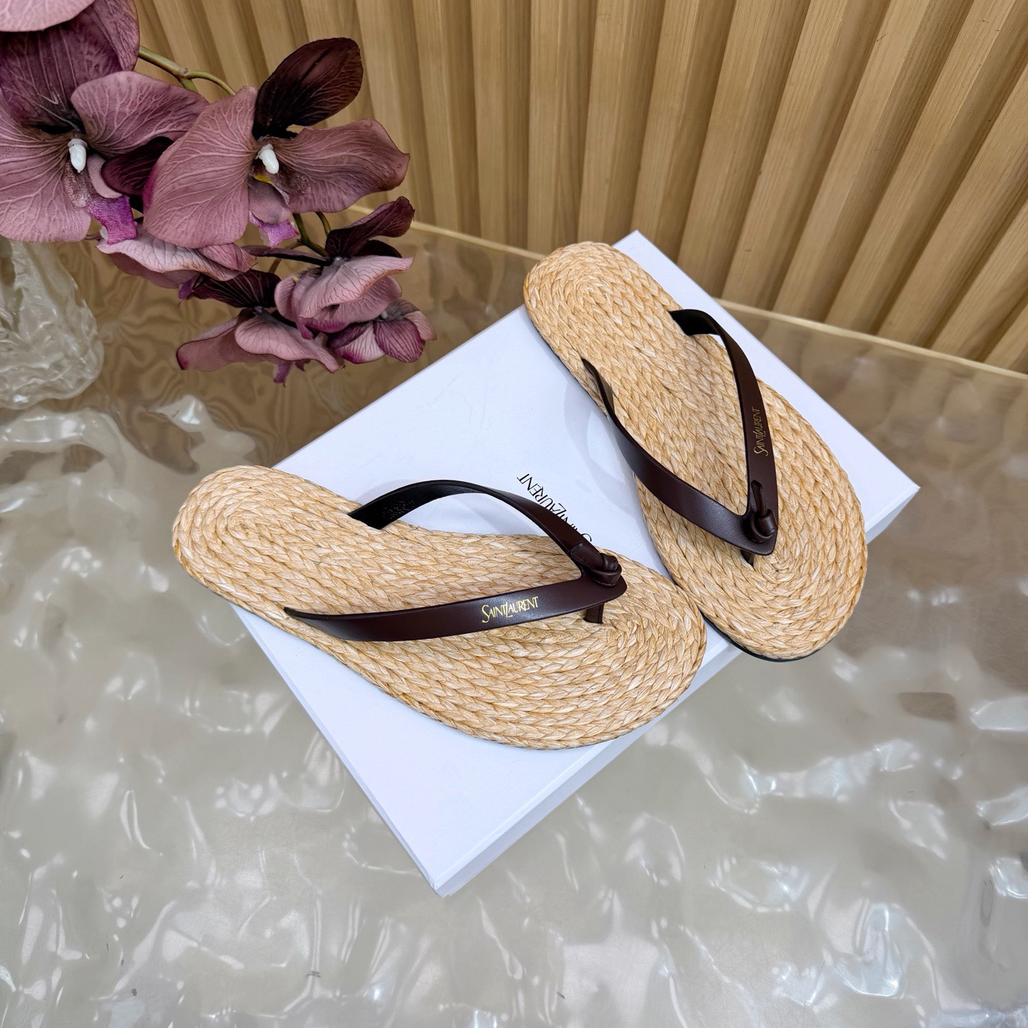 Straw-woven genuine leather flip-flops36-45