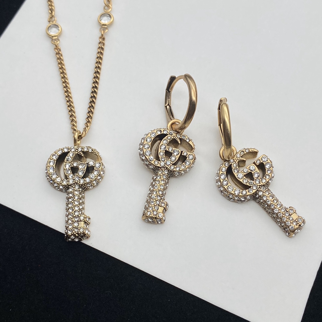 G style Crystal Double G Key Necklace Earrings-Luxeon