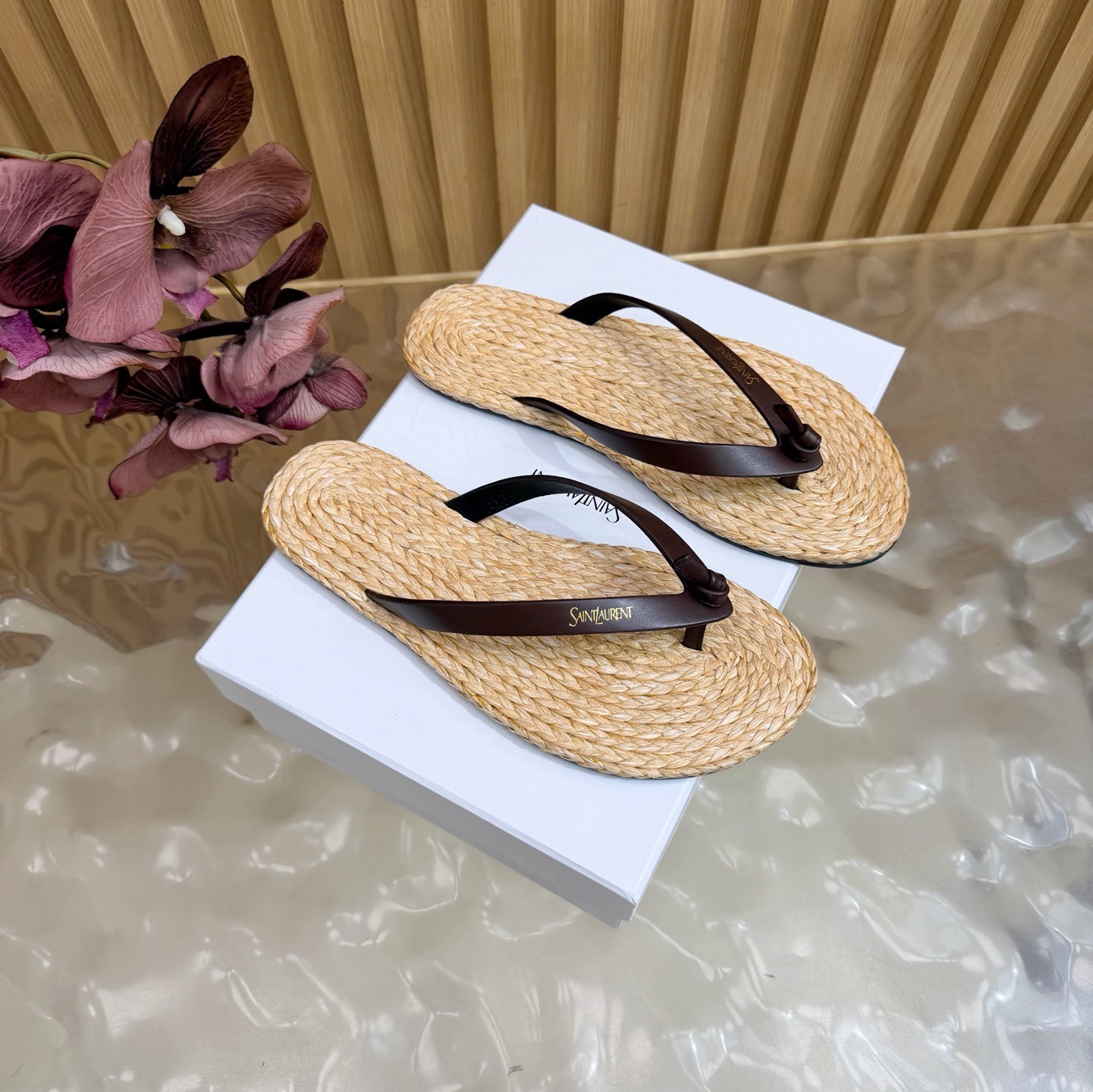 Straw-woven genuine leather flip-flops36-45