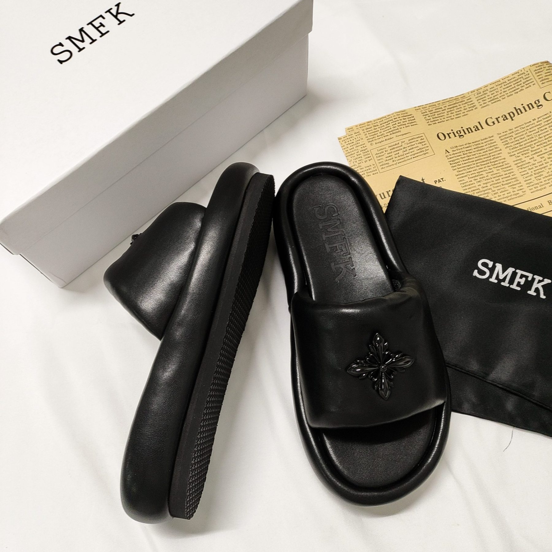 Smfk solid black slippers top quality-Luxeon