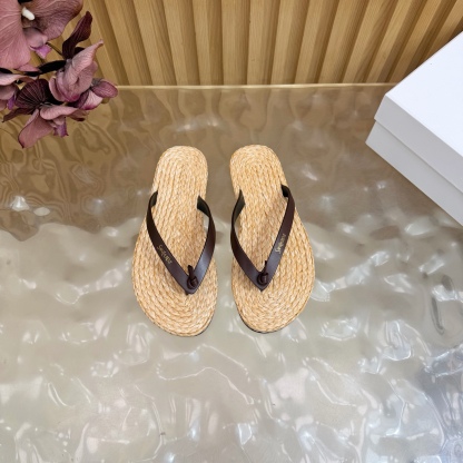 Straw-woven genuine leather flip-flops36-45