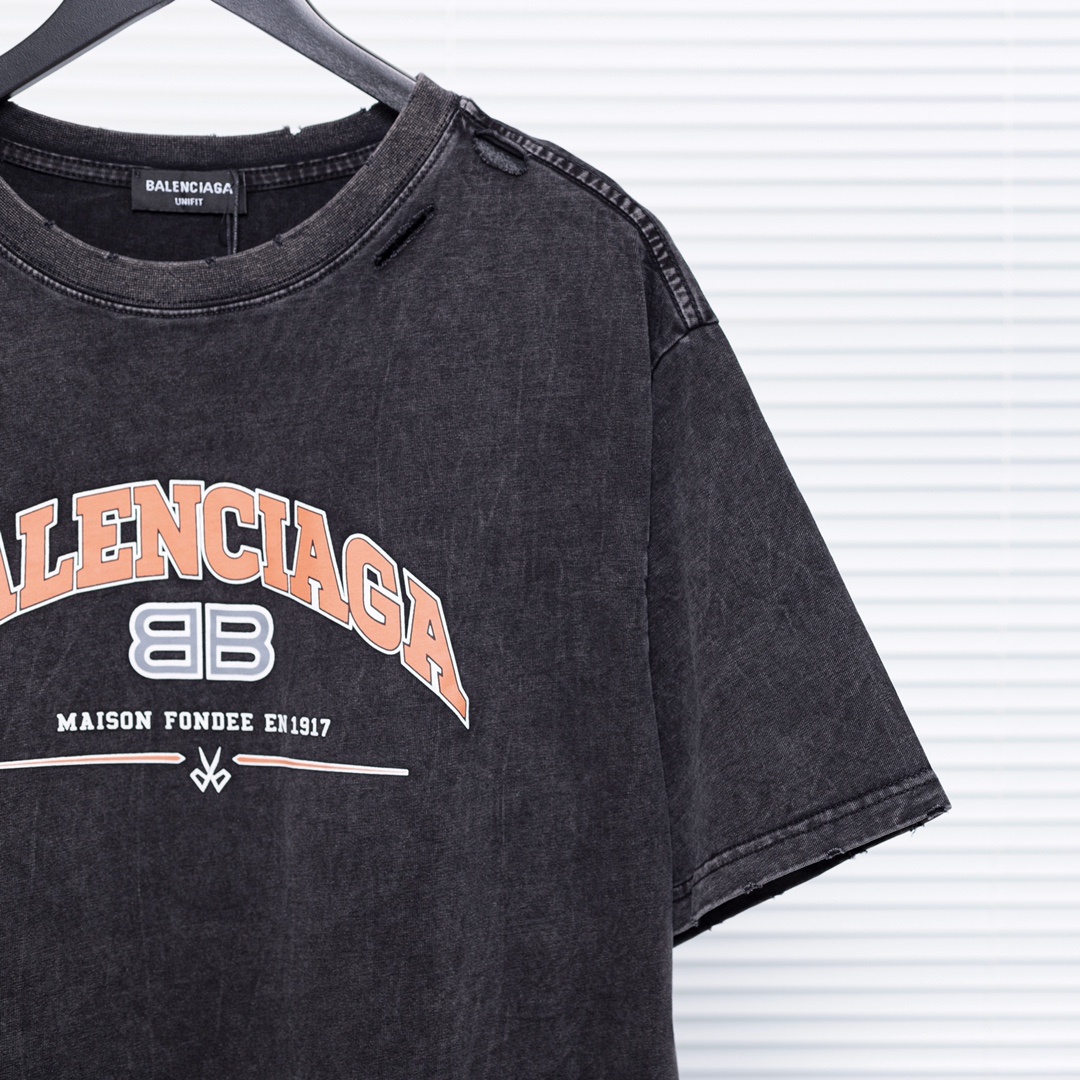 B style vintage destroy style washed letter logo embroidered short sleeve T-shirt-Luxeon