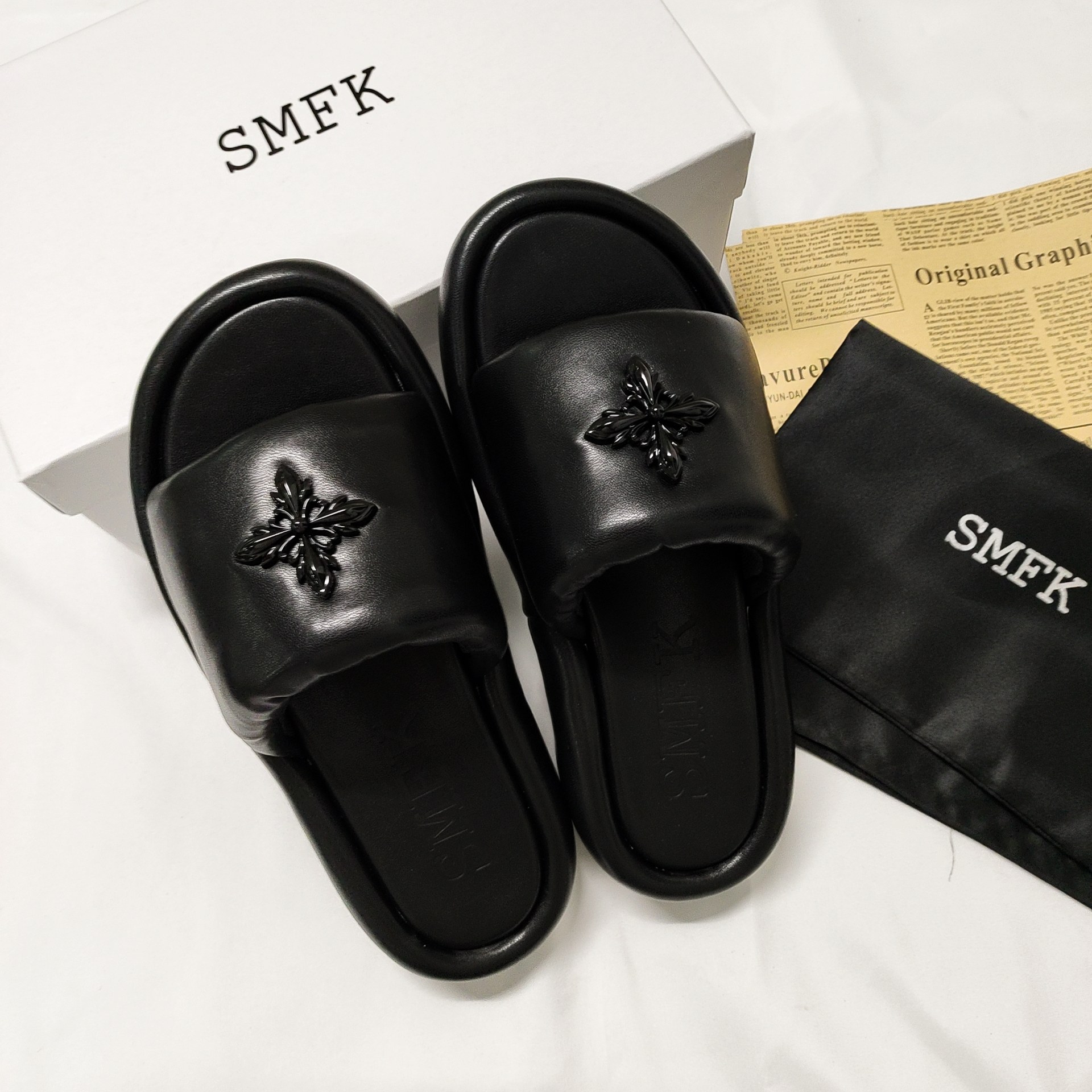Smfk solid black slippers top quality-Luxeon
