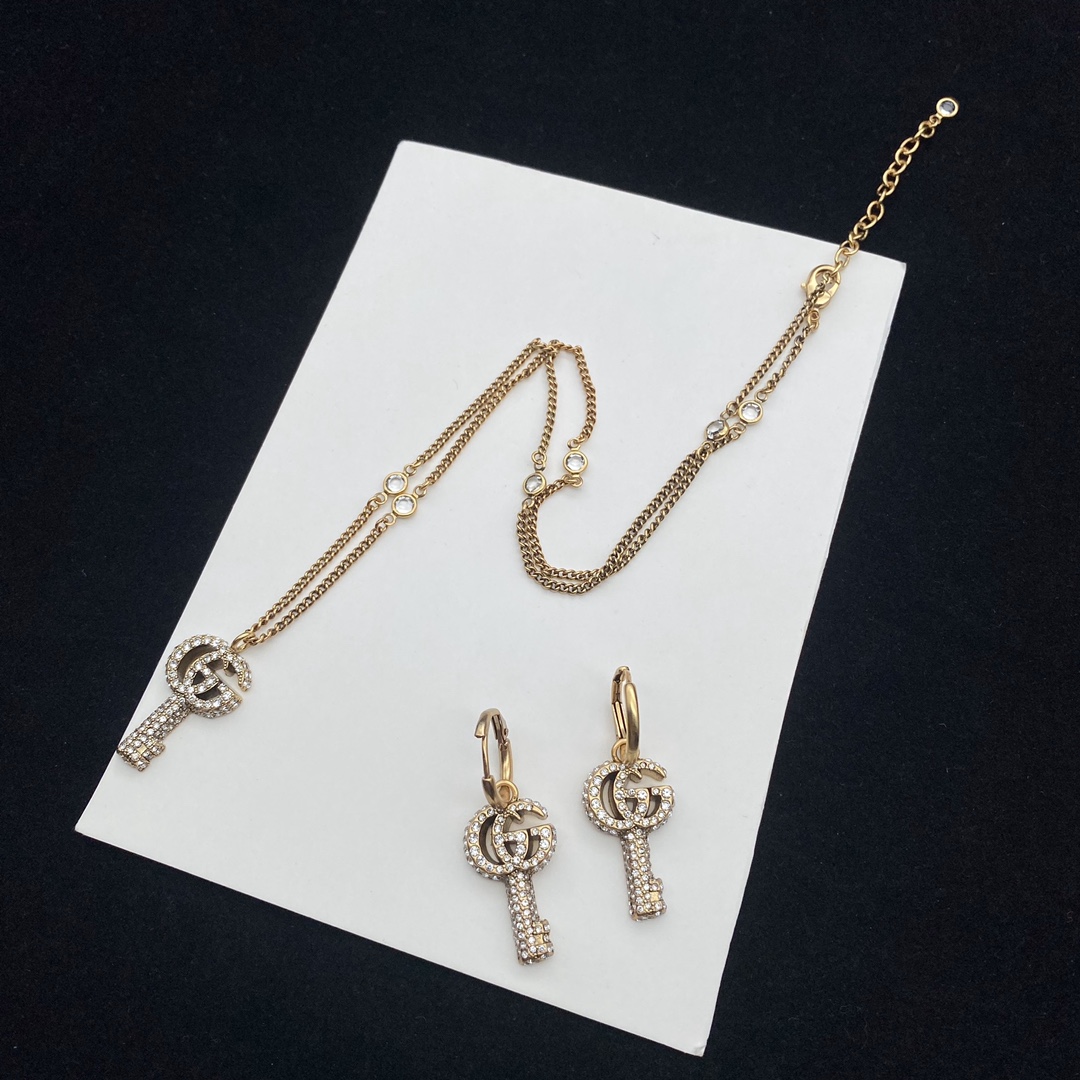 G style Crystal Double G Key Necklace Earrings-Luxeon