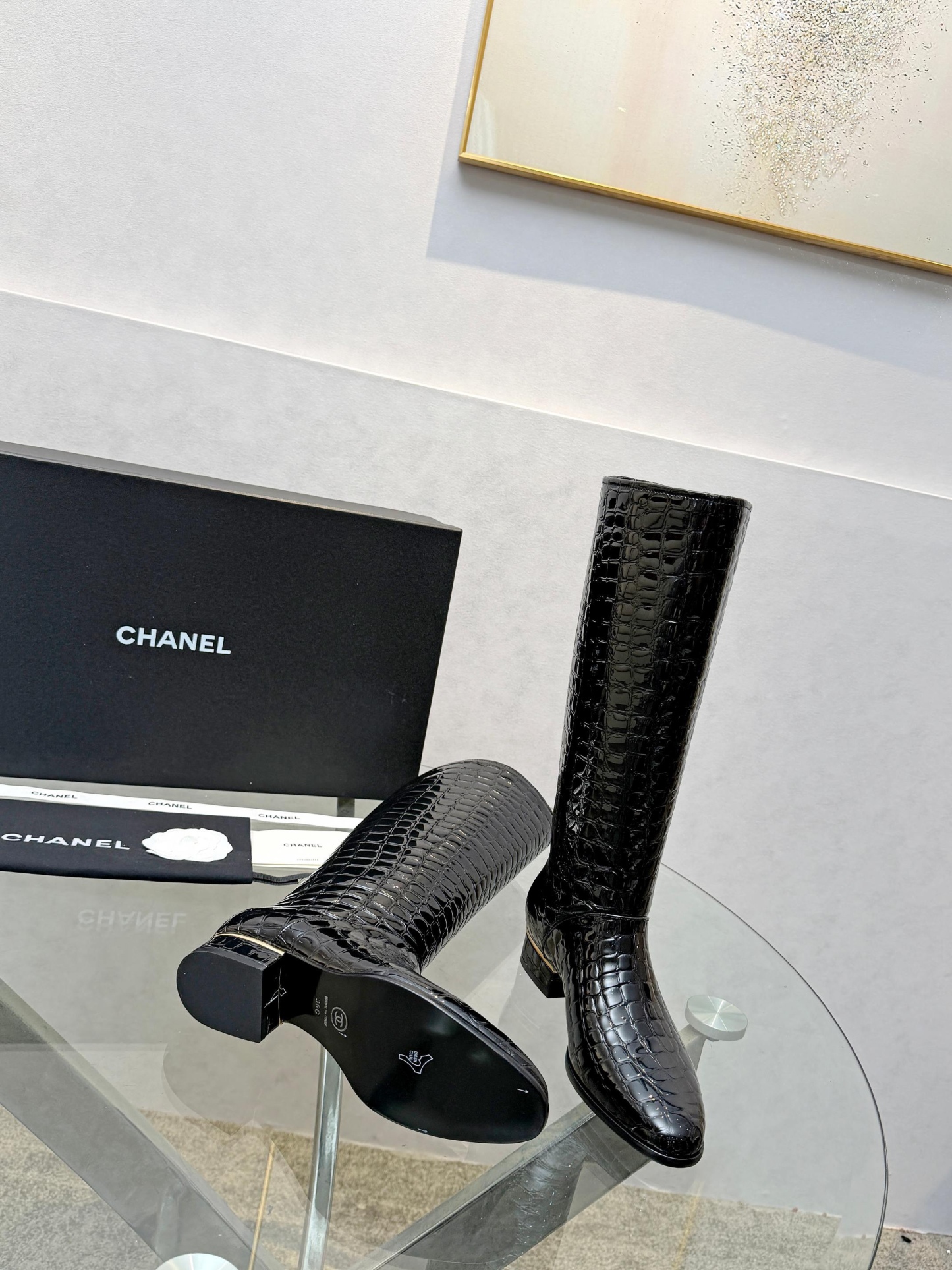 Crocodile-embossed knee-high boots35-41