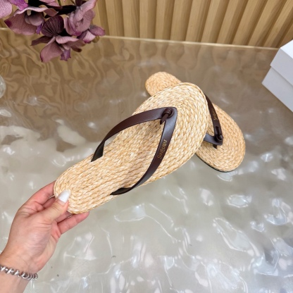 Straw-woven genuine leather flip-flops36-45