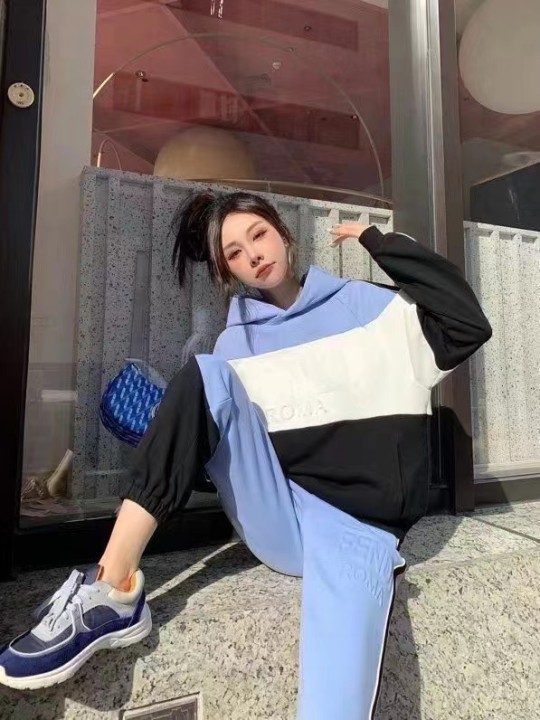 F style long sleeve match color hoodie + loose waist casual pants-Luxeon
