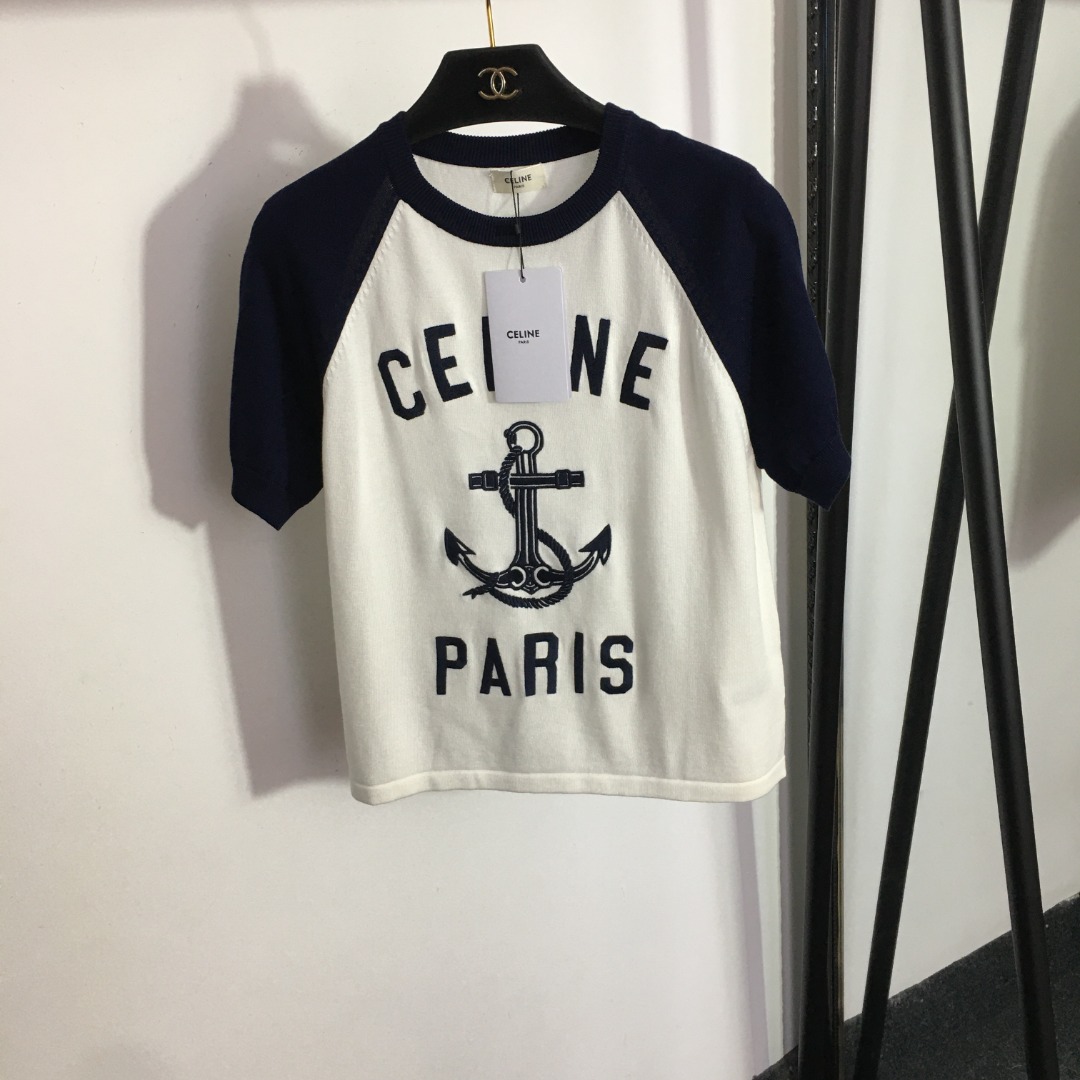 C style Anchor Embroidered Letter Block Color Short Sleeve Knit-Luxeon