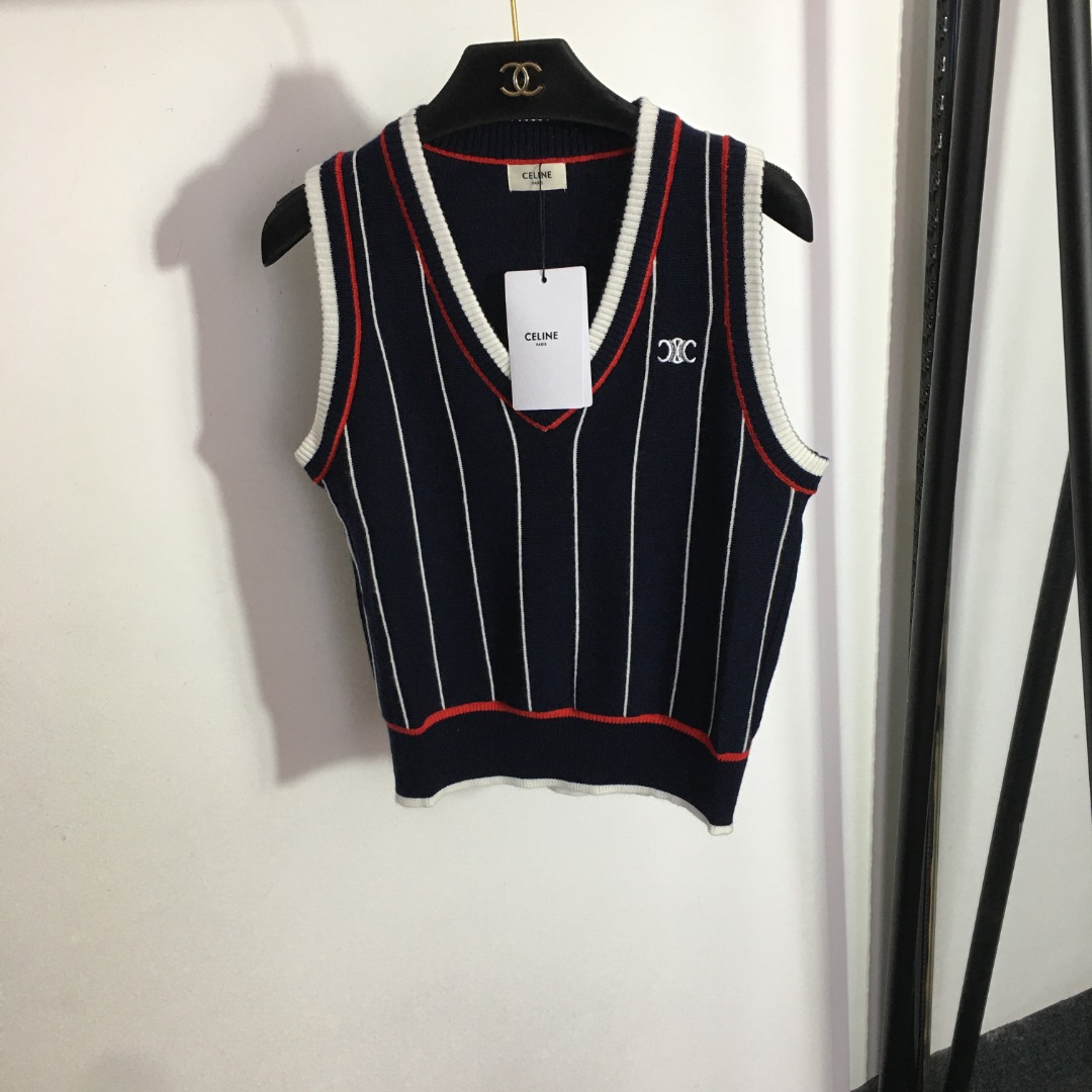 C style V-neck contrasting striped cashmere knit vest-Luxeon