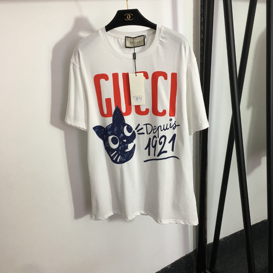G style Cat Letter Print Loose Short Sleeve T-shirt-Luxeon