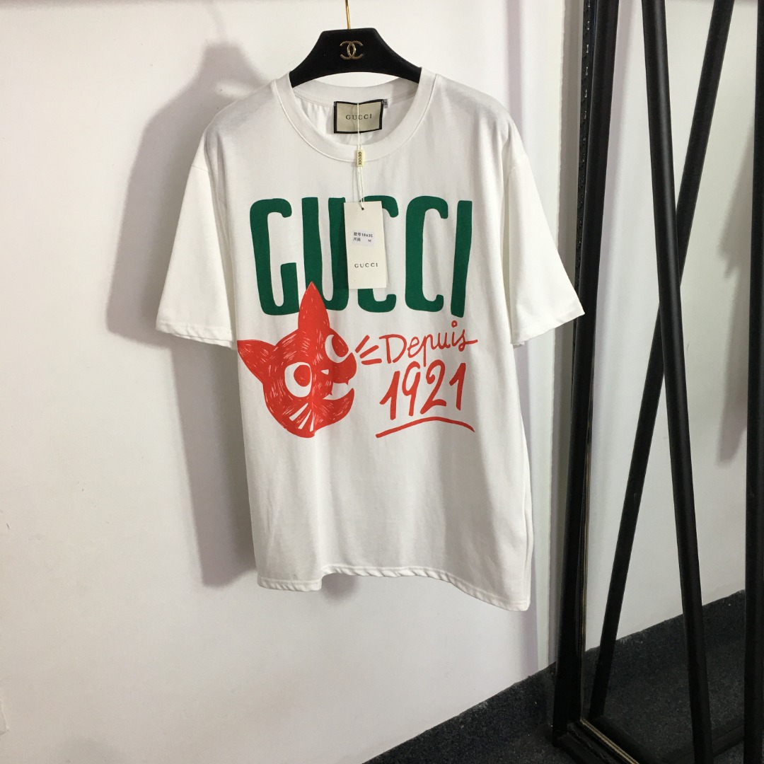 G style Cat Letter Print Loose Short Sleeve T-shirt-Luxeon